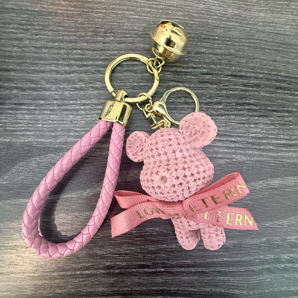 Pink Bear Keychain with Gold Accents